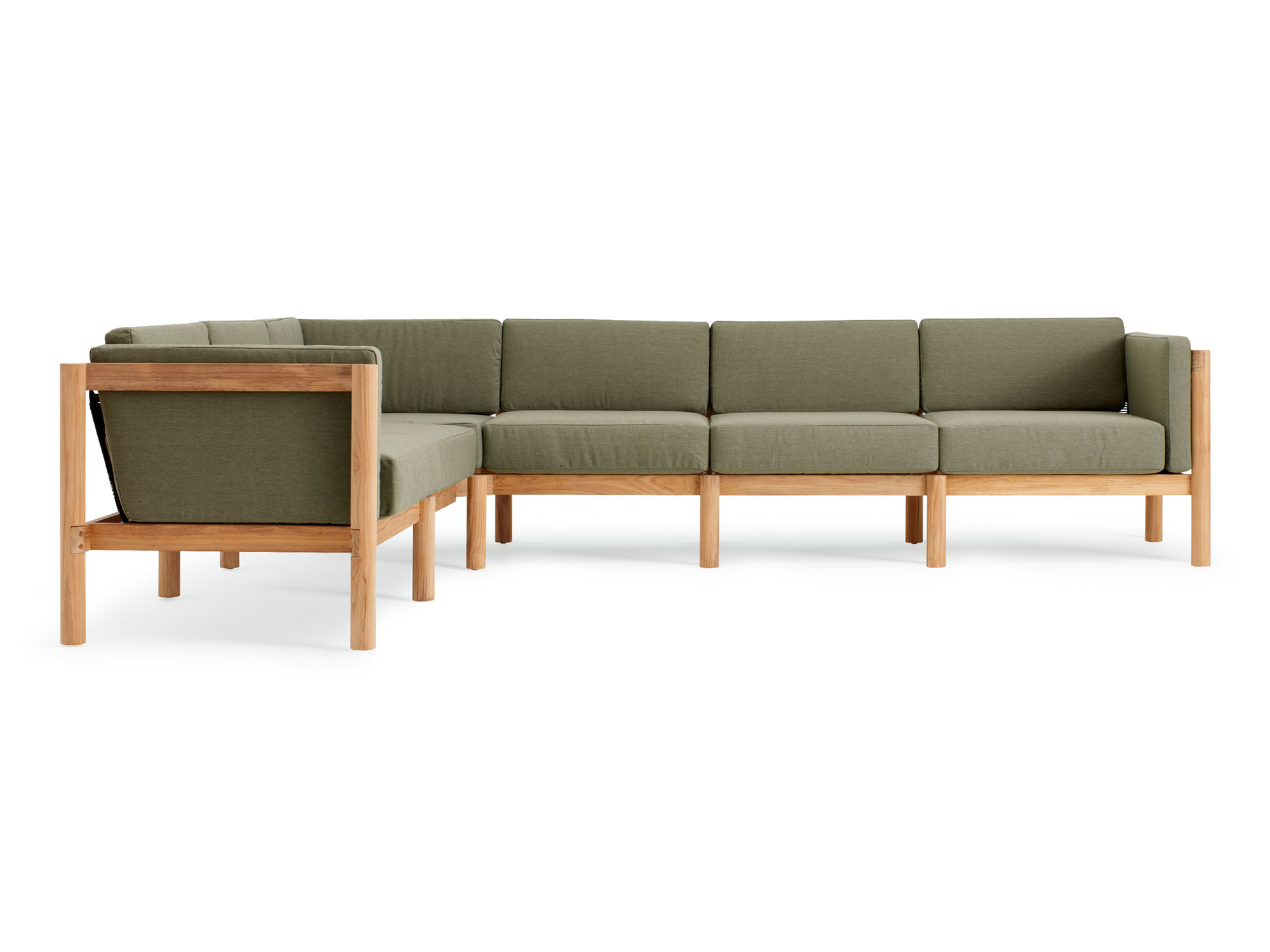 Front view of 6-piece outdoor sectional with green arm cushions
